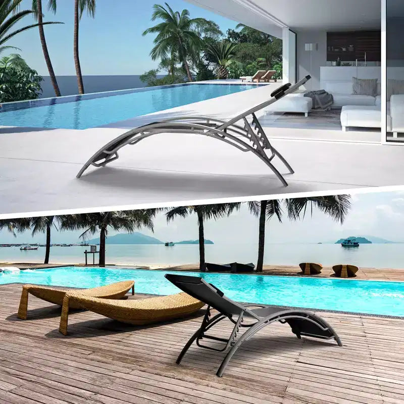 Set di 2 moderne chaise longue da patio in alluminio, sedie reclinabili da esterno per tutte le stagioni con braccioli, ideali per spiaggia, piscina, prendere il sole e prato