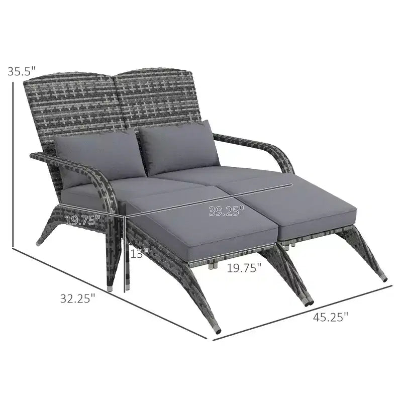 Wicker Adirondack Chair for 2 with Cushions & Footrests, PE Rattan Double Chaise Lounge Chair, Fire Pit Chair for Porch with Wide Armrests, High-back