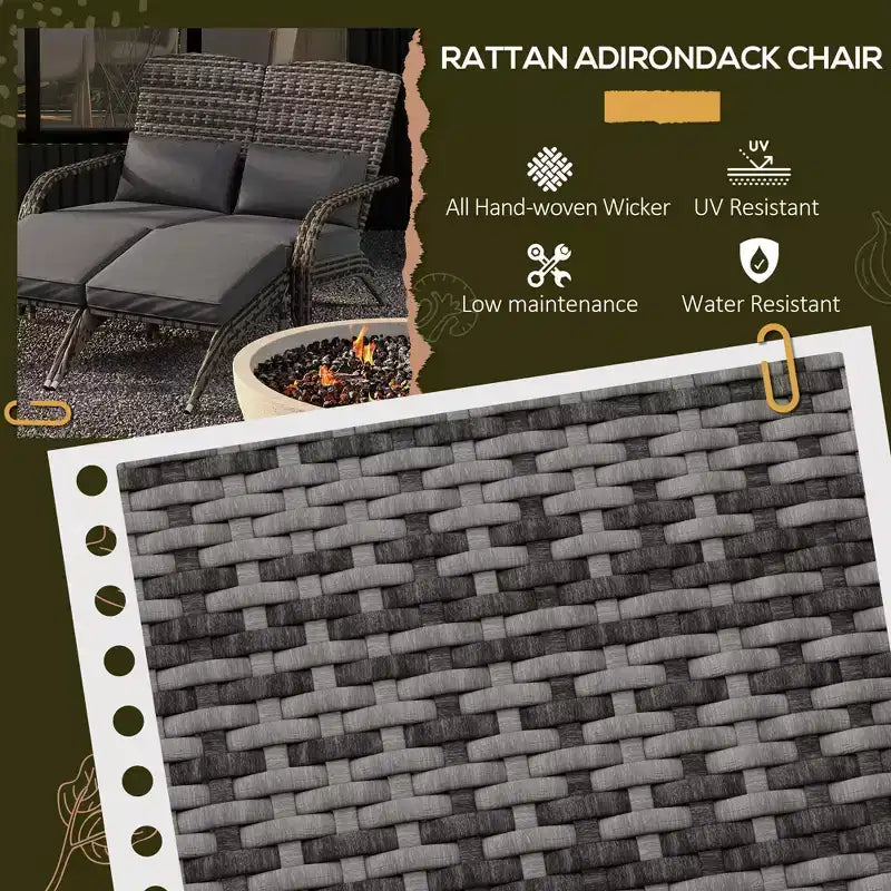 Wicker Adirondack Chair for 2 with Cushions & Footrests, PE Rattan Double Chaise Lounge Chair, Fire Pit Chair for Porch with Wide Armrests, High-back