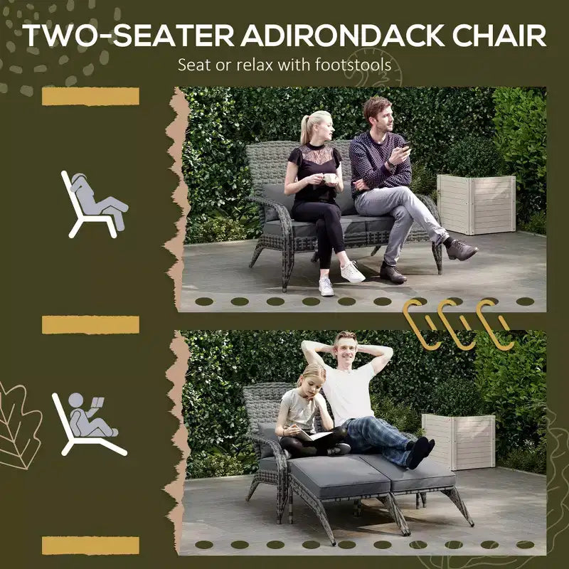 Wicker Adirondack Chair for 2 with Cushions & Footrests, PE Rattan Double Chaise Lounge Chair, Fire Pit Chair for Porch with Wide Armrests, High-back