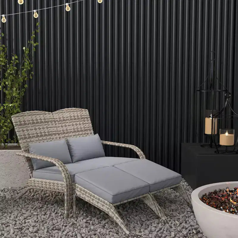 Wicker Adirondack Chair for 2 with Cushions & Footrests, PE Rattan Double Chaise Lounge Chair, Fire Pit Chair for Porch with Wide Armrests, High-back