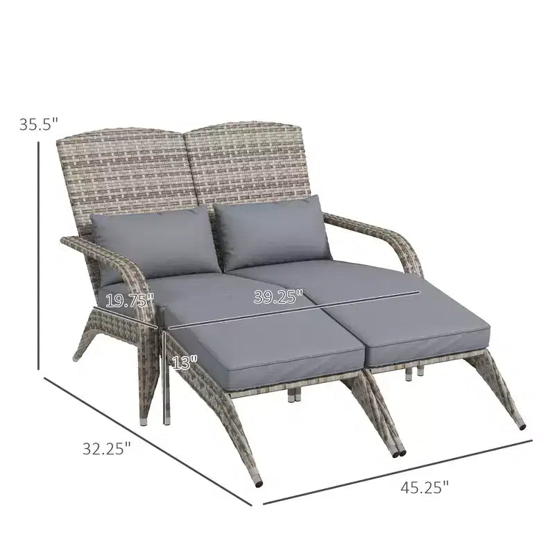 Wicker Adirondack Chair for 2 with Cushions & Footrests, PE Rattan Double Chaise Lounge Chair, Fire Pit Chair for Porch with Wide Armrests, High-back