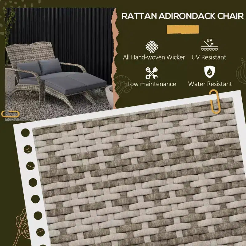 Wicker Adirondack Chair for 2 with Cushions & Footrests, PE Rattan Double Chaise Lounge Chair, Fire Pit Chair for Porch with Wide Armrests, High-back