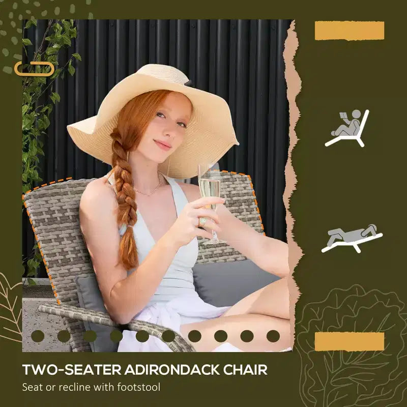 Wicker Adirondack Chair for 2 with Cushions & Footrests, PE Rattan Double Chaise Lounge Chair, Fire Pit Chair for Porch with Wide Armrests, High-back