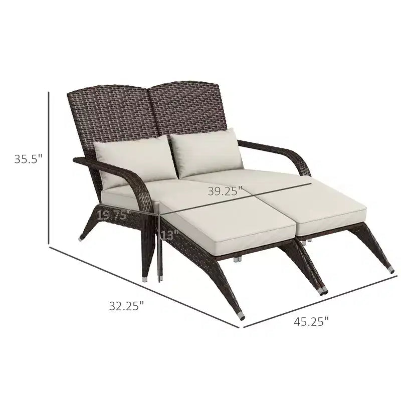 Wicker Adirondack Chair for 2 with Cushions & Footrests, PE Rattan Double Chaise Lounge Chair, Fire Pit Chair for Porch with Wide Armrests, High-back