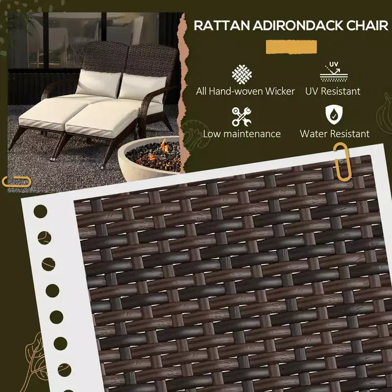 Wicker Adirondack Chair for 2 with Cushions & Footrests, PE Rattan Double Chaise Lounge Chair, Fire Pit Chair for Porch with Wide Armrests, High-back