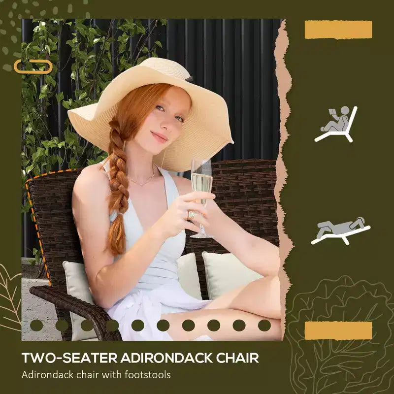 Wicker Adirondack Chair for 2 with Cushions & Footrests, PE Rattan Double Chaise Lounge Chair, Fire Pit Chair for Porch with Wide Armrests, High-back