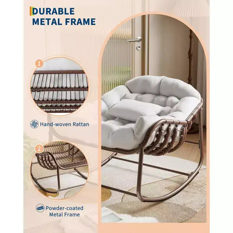 Poltrona a dondolo Papasan, extra large, in vimini durevole, cuscino resistente alle intemperie, struttura robusta, design ergonomico a uovo per portico, balcone, giardino, capacità 204 kg