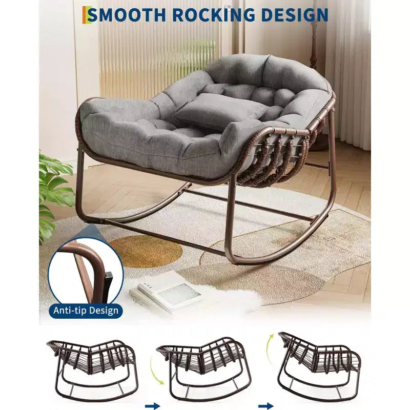 Poltrona a dondolo Papasan, extra large, in vimini durevole, cuscino resistente alle intemperie, struttura robusta, design ergonomico a uovo per portico, balcone, giardino, capacità 204 kg