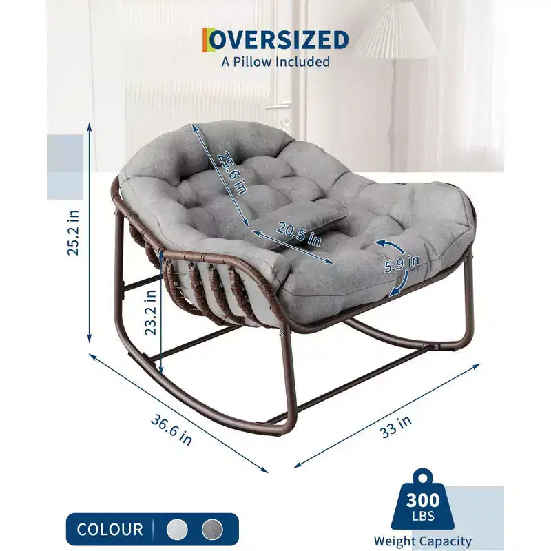 Poltrona a dondolo Papasan, extra large, in vimini durevole, cuscino resistente alle intemperie, struttura robusta, design ergonomico a uovo per portico, balcone, giardino, capacità 204 kg