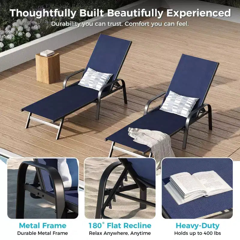 Set di 2 sedie a sdraio da esterno, lettino reclinabile da patio regolabile in 5 posizioni con tessuto in textilene per piscina, giardino, terrazza e balcone, per tutte le stagioni