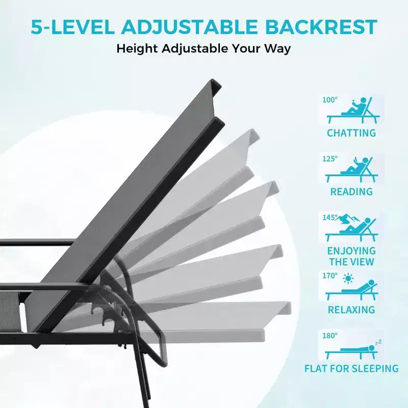 Set di 2 sedie a sdraio da esterno, lettino reclinabile da patio regolabile in 5 posizioni con tessuto in textilene per piscina, giardino, terrazza e balcone, per tutte le stagioni