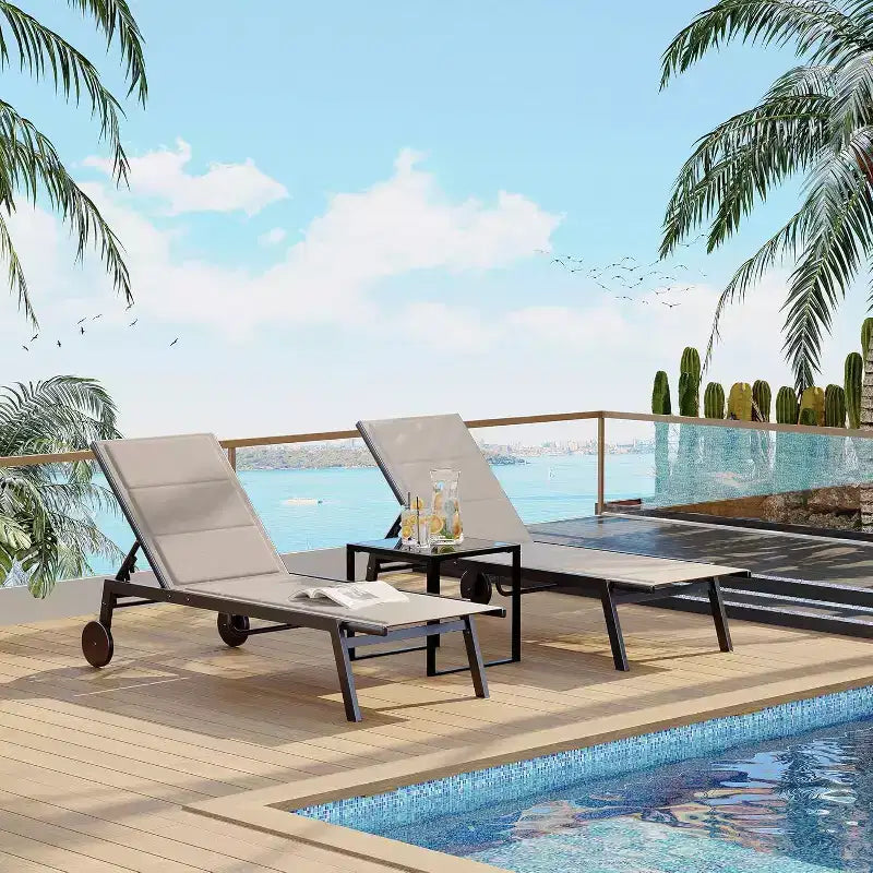 Set of 2 Outdoor Chaise Lounge Chairs with Wheels & Side Table, 5-Position Adjustable Patio Recliner, Heavy Duty Pool Lounger for Beach & Backyard