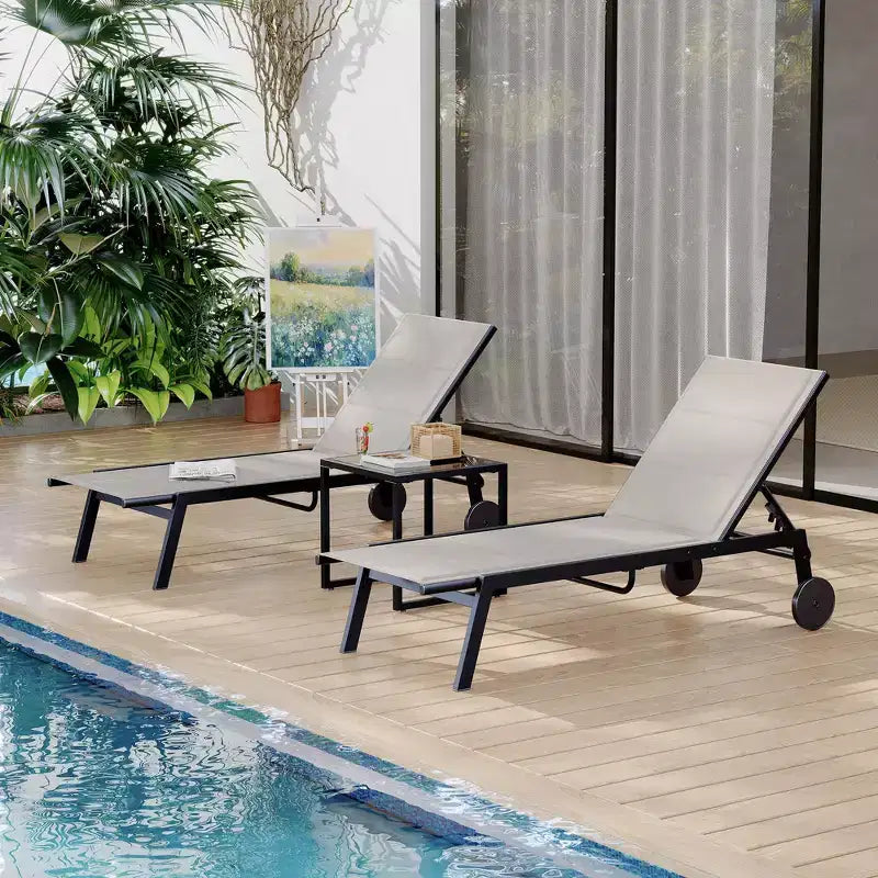 Set of 2 Outdoor Chaise Lounge Chairs with Wheels & Side Table, 5-Position Adjustable Patio Recliner, Heavy Duty Pool Lounger for Beach & Backyard