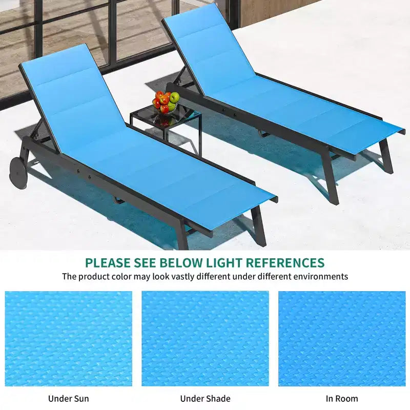 Set of 2 Outdoor Chaise Lounge Chairs with Wheels & Side Table, 5-Position Adjustable Patio Recliner, Heavy Duty Pool Lounger for Beach & Backyard
