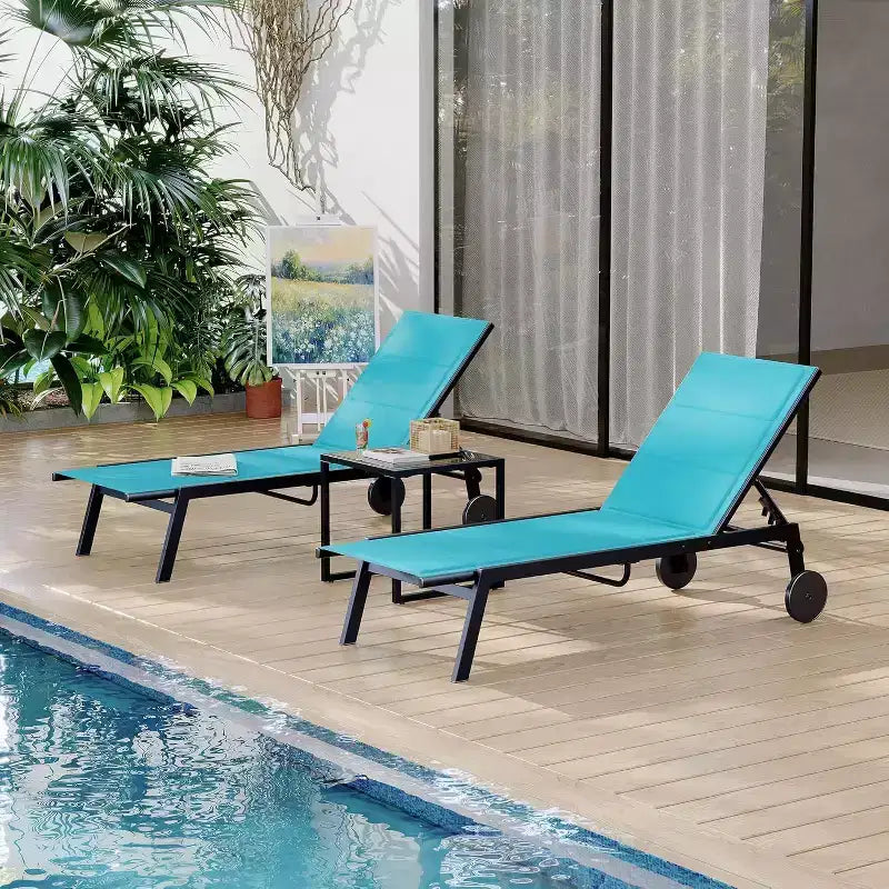 Set of 2 Outdoor Chaise Lounge Chairs with Wheels & Side Table, 5-Position Adjustable Patio Recliner, Heavy Duty Pool Lounger for Beach & Backyard