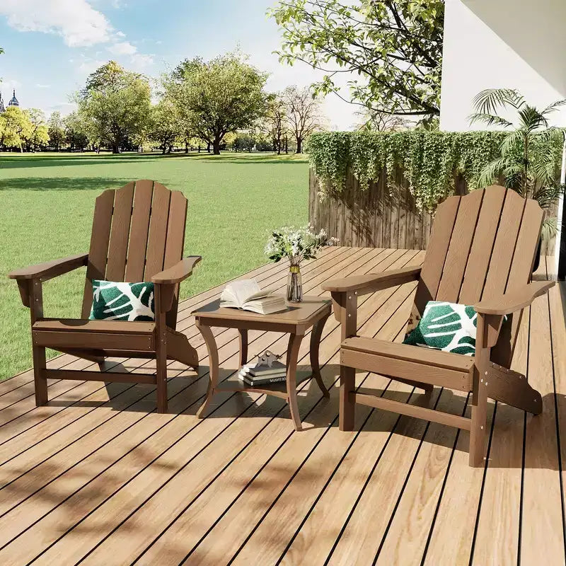 2-Pack Wood Grain Folding Adirondack Chairs, Weather-Resistant Plastic Outdoor Patio Chairs with Cup Holder & Wide Armrests, Ideal Lawn Chairs