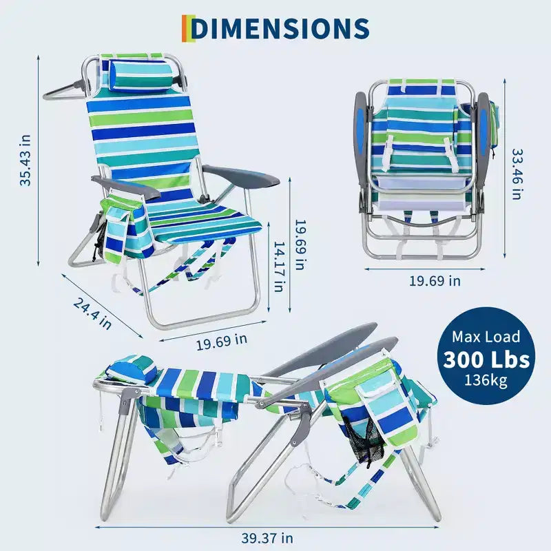 Confezione da 2 sedie a sdraio alte da spiaggia per adulti, sedie pieghevoli reclinabili a 5 posizioni con borsa termica, portabicchieri, portasciugamani e spallacci per zaino in spalla