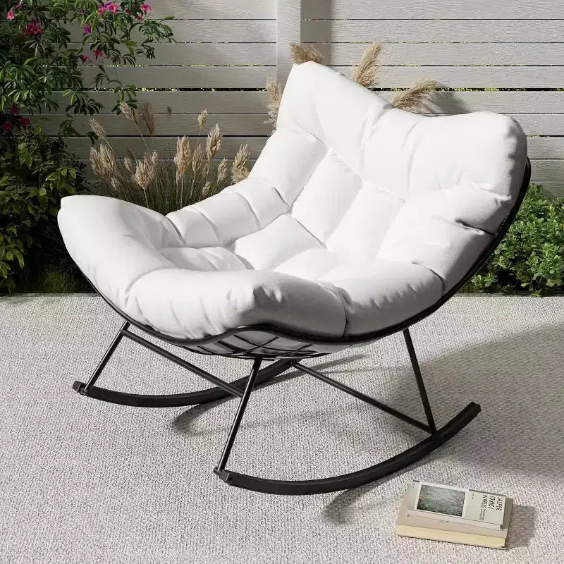 Sedia a dondolo Papasan da esterno resistente, dondolo da patio in metallo con cuscino impermeabile per portico, giardino, soggiorno e salotto interno