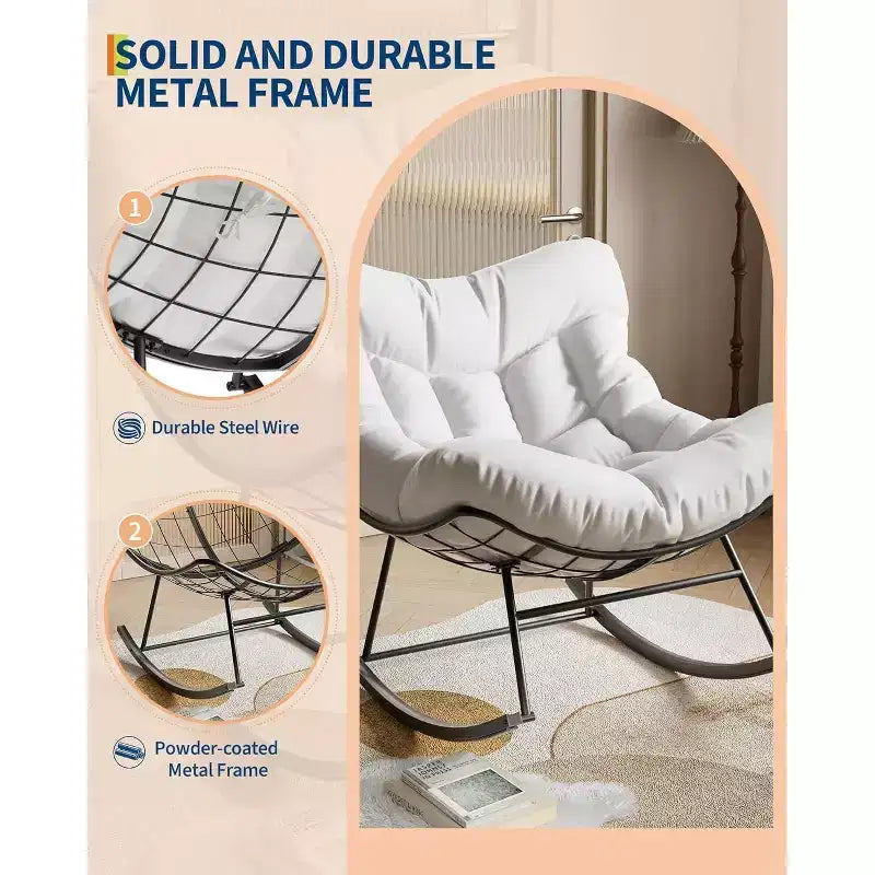 Sedia a dondolo Papasan da esterno resistente, dondolo da patio in metallo con cuscino impermeabile per portico, giardino, soggiorno e salotto interno