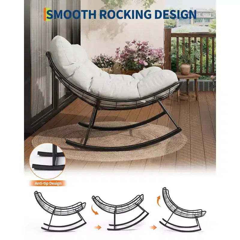 Sedia a dondolo Papasan da esterno resistente, dondolo da patio in metallo con cuscino impermeabile per portico, giardino, soggiorno e salotto interno