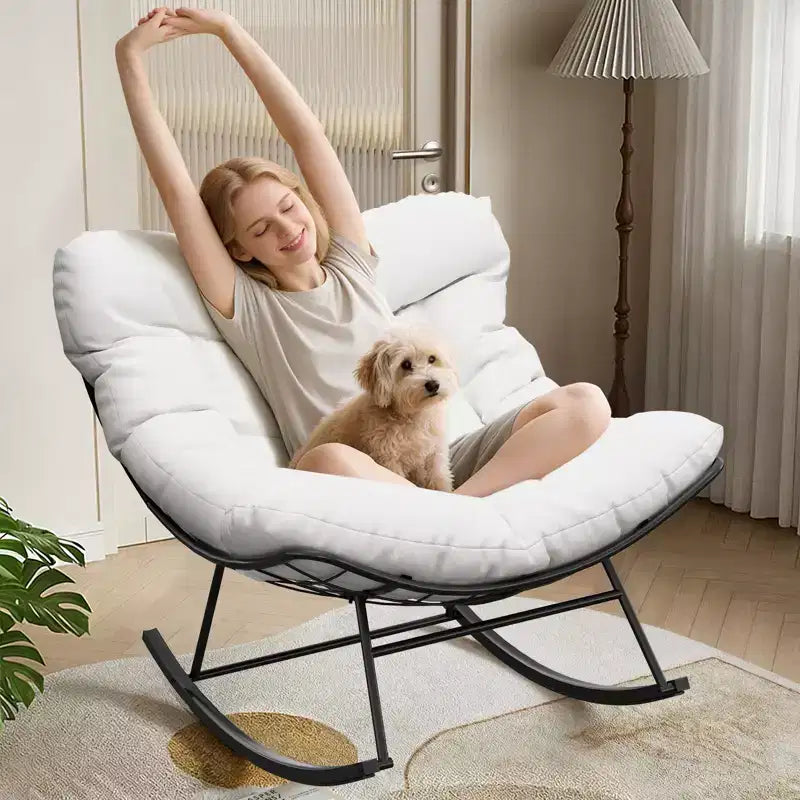 Sedia a dondolo Papasan da esterno resistente, dondolo da patio in metallo con cuscino impermeabile per portico, giardino, soggiorno e salotto interno