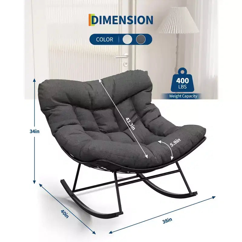 Sedia a dondolo Papasan da esterno resistente, dondolo da patio in metallo con cuscino impermeabile per portico, giardino, soggiorno e salotto interno