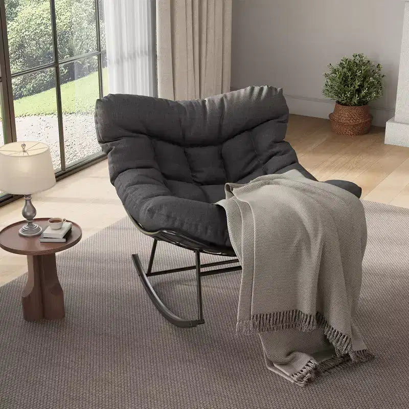 Sedia a dondolo Papasan da esterno resistente, dondolo da patio in metallo con cuscino impermeabile per portico, giardino, soggiorno e salotto interno