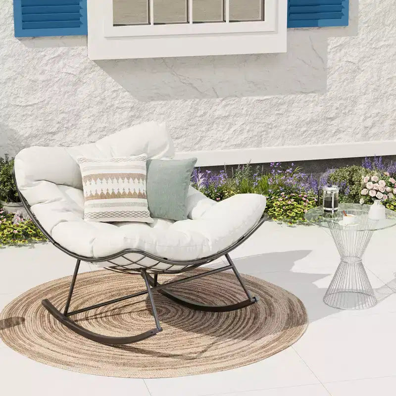 Sedia a dondolo Papasan da esterno resistente, dondolo da patio in metallo con cuscino impermeabile per portico, giardino, soggiorno e salotto interno