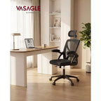 VASAGLE Sedia da Ufficio Ergonomica con Schienale in Rete, Supporto Lombare e Poggiatesta Regolabili, Funzione di Inclinazione a 90-105°, Sedile Ampio, Braccioli Ribaltabili