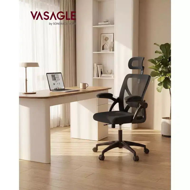 VASAGLE Sedia da Ufficio Ergonomica con Schienale in Rete, Supporto Lombare e Poggiatesta Regolabili, Funzione di Inclinazione a 90-105°, Sedile Ampio, Braccioli Ribaltabili
