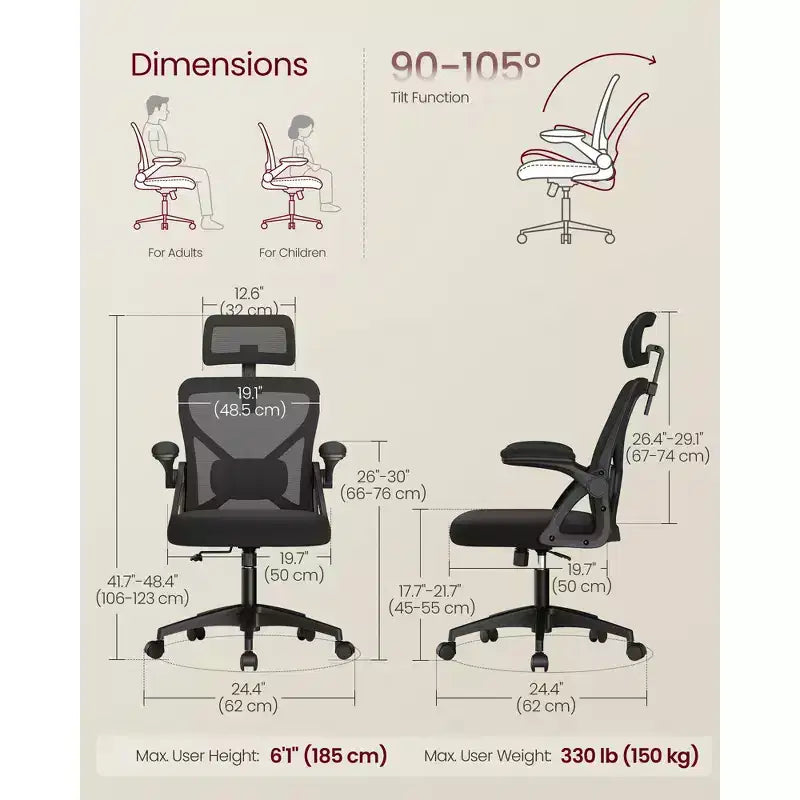VASAGLE Sedia da Ufficio Ergonomica con Schienale in Rete, Supporto Lombare e Poggiatesta Regolabili, Funzione di Inclinazione a 90-105°, Sedile Ampio, Braccioli Ribaltabili