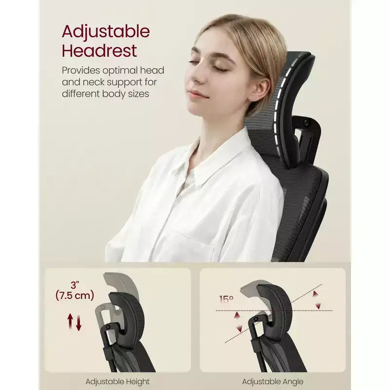 VASAGLE Sedia da Ufficio Ergonomica con Schienale in Rete, Supporto Lombare e Poggiatesta Regolabili, Funzione di Inclinazione a 90-105°, Sedile Ampio, Braccioli Ribaltabili