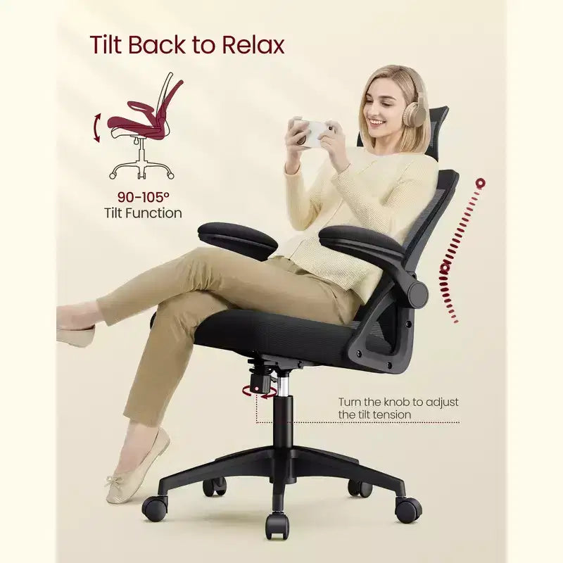 VASAGLE Sedia da Ufficio Ergonomica con Schienale in Rete, Supporto Lombare e Poggiatesta Regolabili, Funzione di Inclinazione a 90-105°, Sedile Ampio, Braccioli Ribaltabili
