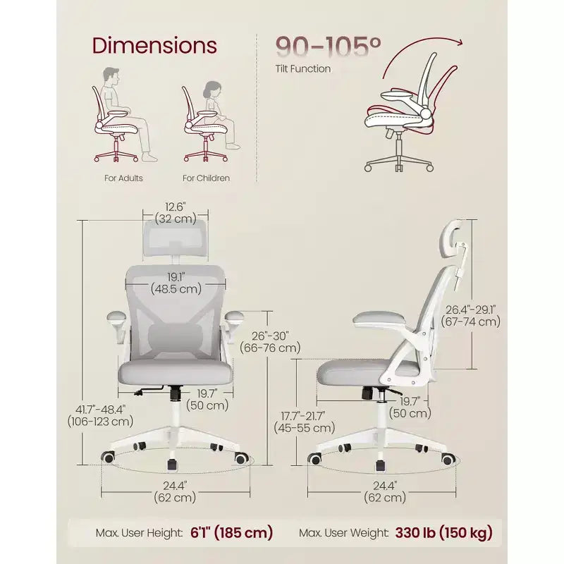 VASAGLE Sedia da Ufficio Ergonomica con Schienale in Rete, Supporto Lombare e Poggiatesta Regolabili, Funzione di Inclinazione a 90-105°, Sedile Ampio, Braccioli Ribaltabili