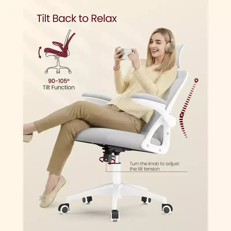 VASAGLE Sedia da Ufficio Ergonomica con Schienale in Rete, Supporto Lombare e Poggiatesta Regolabili, Funzione di Inclinazione a 90-105°, Sedile Ampio, Braccioli Ribaltabili