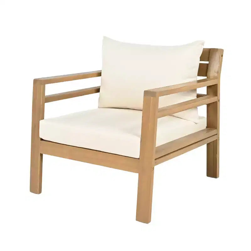 ModernLuxe Outdoor Acacia Wood Patio Chair, Farmhouse Armchair with Water-Resistant Cushions for Garden, Balcony, Backyard, Light Teak+Beige