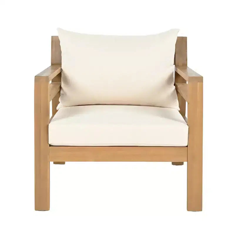 ModernLuxe Outdoor Acacia Wood Patio Chair, Farmhouse Armchair with Water-Resistant Cushions for Garden, Balcony, Backyard, Light Teak+Beige