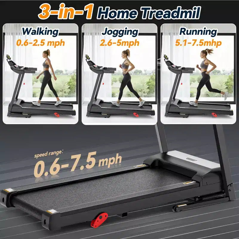 Tapis Roulant Portatile con Inclinazione, Pedana Pieghevole da 3,25HP con Manubrio, Tapis Roulant Pieghevole 3-in-1 per Casa Ufficio Spazi Piccoli con Motore Silenzioso Brushless