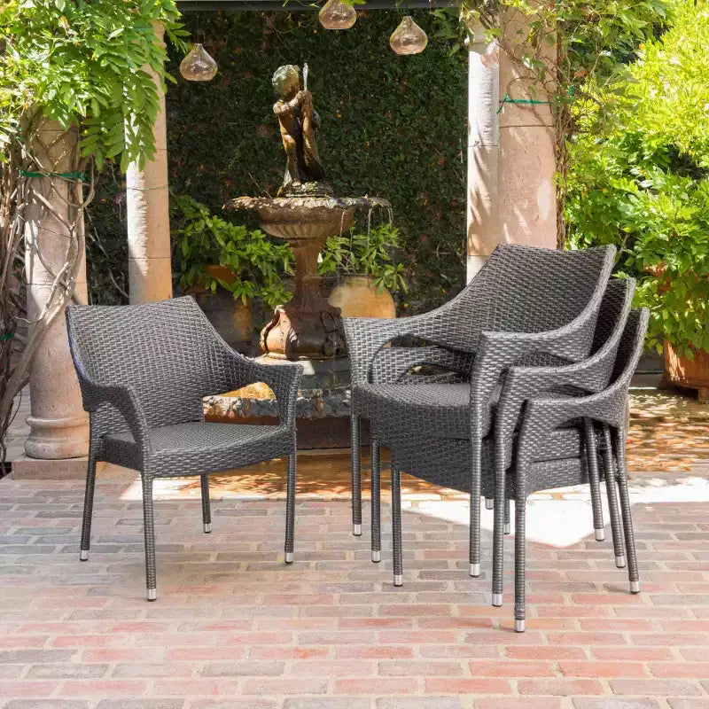 Outdoor PE Wicker Stacking Armchairs Set of 4, Weather-Resistant Patio Chairs with Iron Frame, Modern Balcony, Deck, and Garden Seating-Panipeachy