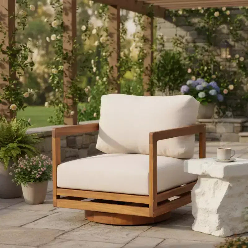 Outdoor Swivel Lounge Chair with Cushion, Acacia Wood Patio Accent Chair, Rotating Outdoor Seating for Backyard, Porch & Patio-Panipeachy