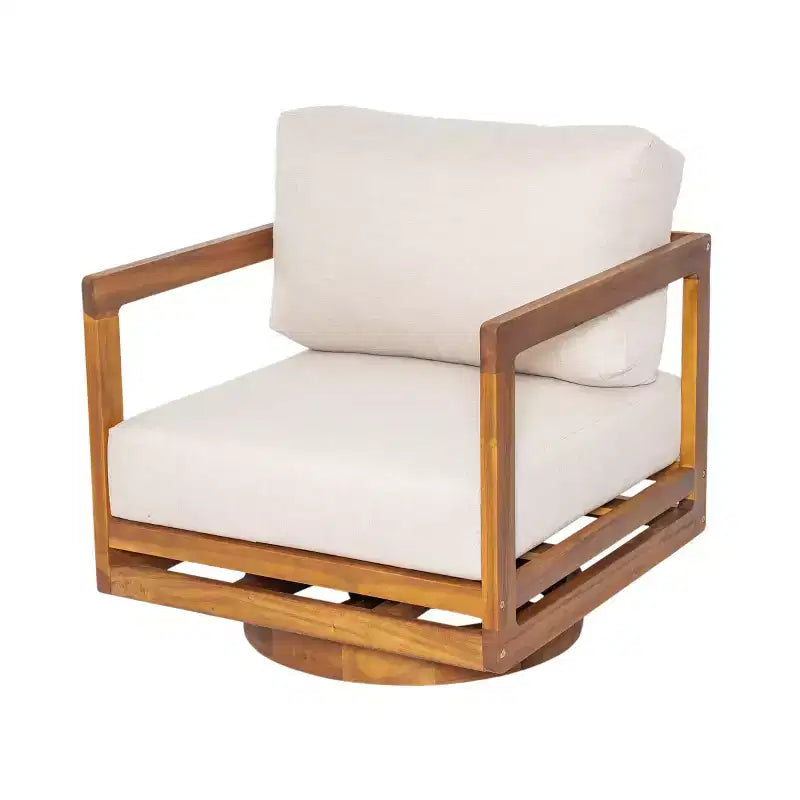 Outdoor Swivel Lounge Chair with Cushion, Acacia Wood Patio Accent Chair, Rotating Outdoor Seating for Backyard, Porch & Patio-Panipeachy