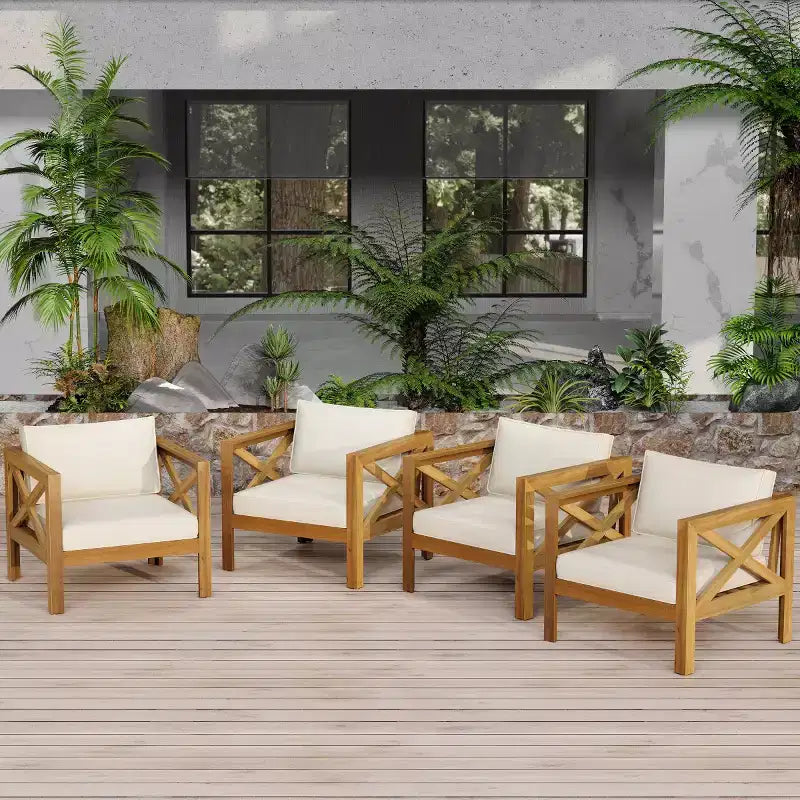 Set di 4 Poltrone da Esterno in Legno di Acacia con Cuscini, Sedie da Conversazione per Patio, Sedute da Esterno in Legno per Cortile, Terrazza e Giardino-Panipeachy