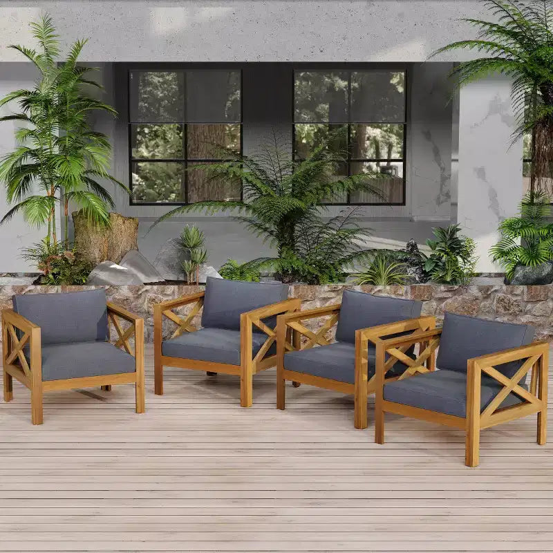 Set di 4 Poltrone da Esterno in Legno di Acacia con Cuscini, Sedie da Conversazione per Patio, Sedute da Esterno in Legno per Cortile, Terrazza e Giardino-Panipeachy