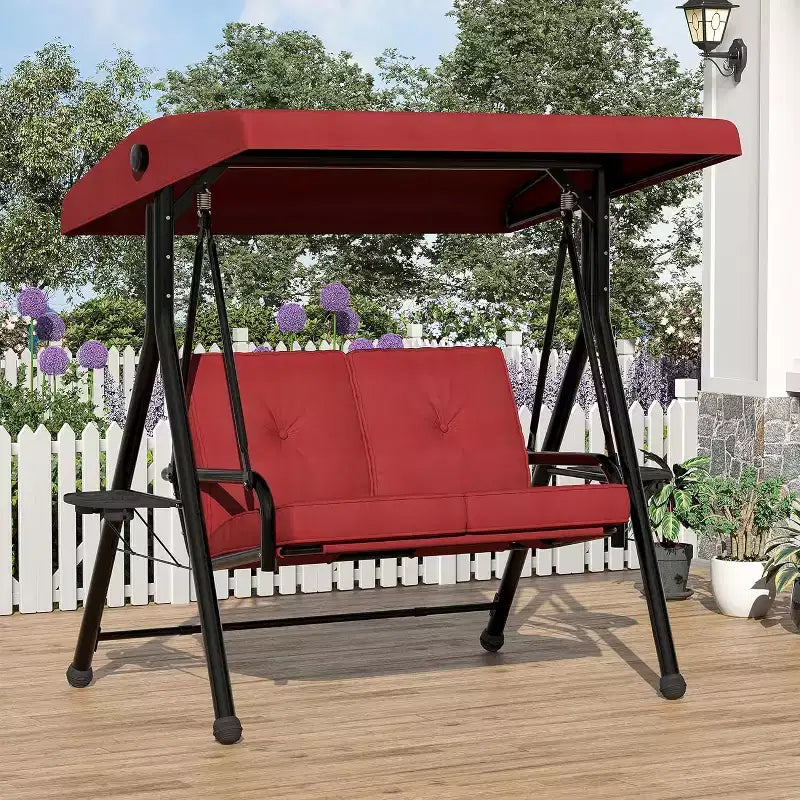 Dondolo a 2 Posti Regolabile da Esterno con Tettuccio, Sedile Imbottito, Robusto Telaio in Ferro, Panchina da Giardino Resistente alle Intemperie per Patio, Balcone o Cortile
