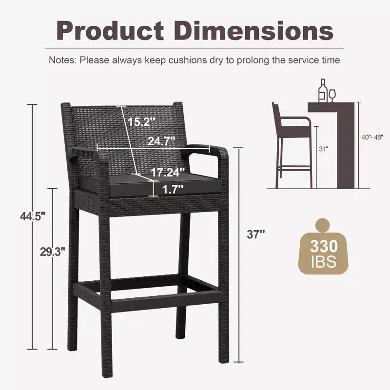 Sgabelli da bar in vimini per esterni, set da 2 - Altezza bancone 76 cm, capacità 150 kg, cuscini spessi, rattan per tutte le stagioni per patio e piscina