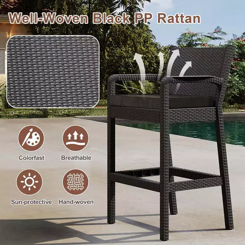 Sgabelli da bar in vimini per esterni, set da 2 - Altezza bancone 76 cm, capacità 150 kg, cuscini spessi, rattan per tutte le stagioni per patio e piscina