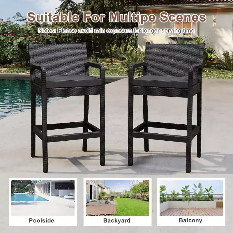 Sgabelli da bar in vimini per esterni, set da 2 - Altezza bancone 76 cm, capacità 150 kg, cuscini spessi, rattan per tutte le stagioni per patio e piscina