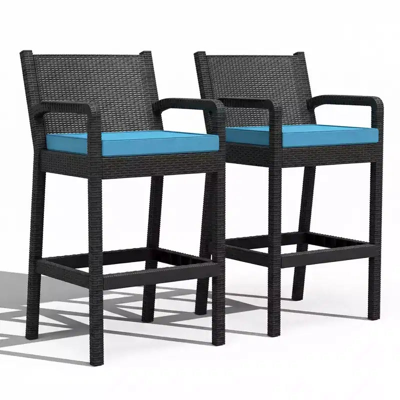 Sgabelli da bar in vimini per esterni, set da 2 - Altezza bancone 76 cm, capacità 150 kg, cuscini spessi, rattan per tutte le stagioni per patio e piscina