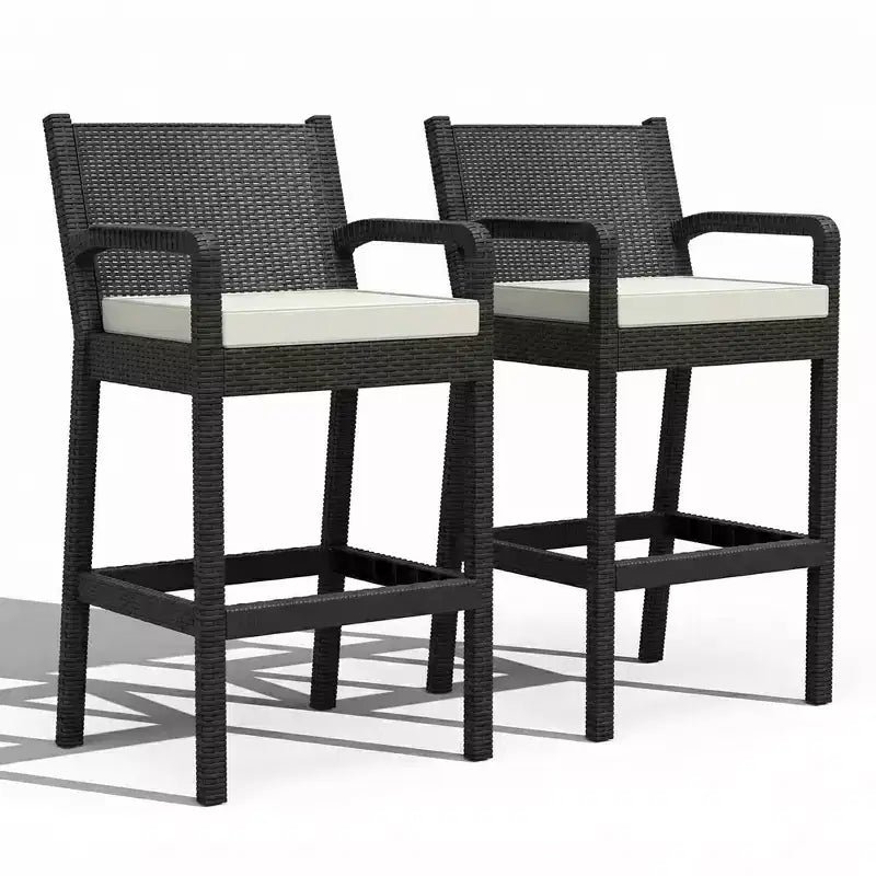 Sgabelli da bar in vimini per esterni, set da 2 - Altezza bancone 76 cm, capacità 150 kg, cuscini spessi, rattan per tutte le stagioni per patio e piscina